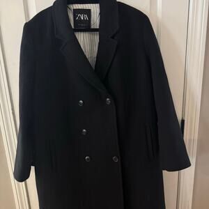 Zara Women’s Wool Blend Long Double Breasted Lined Overcoat Black  Size XL
